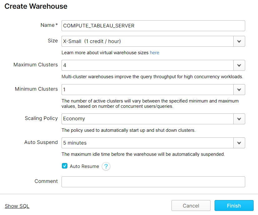 Table screenshot titled Create Warehouse