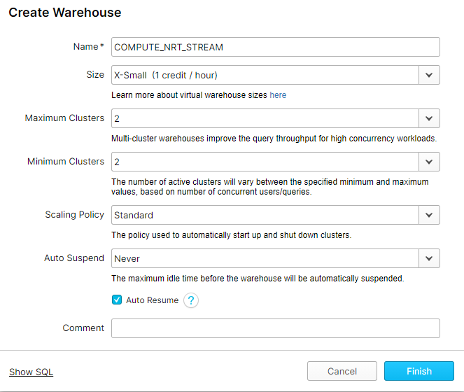 Table screenshot titled Create Warehouse