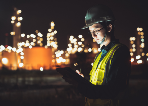 person working on tablet with oil refinery lights in background