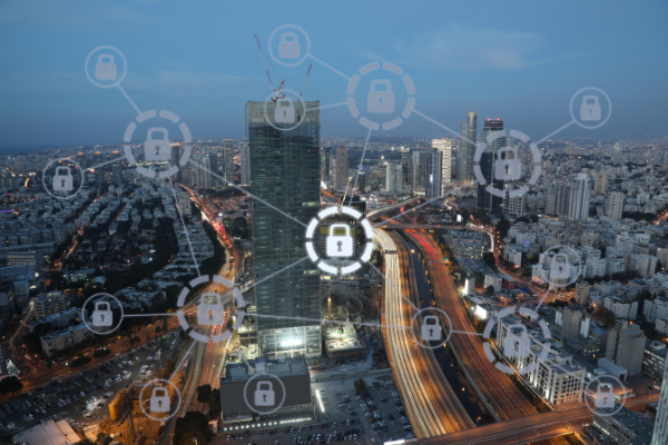 image of cityscape with virtual lock icons in the foreground