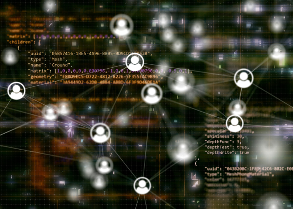 abstract image with icons of people and code in background