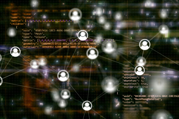 abstract image with icons of people and code in background