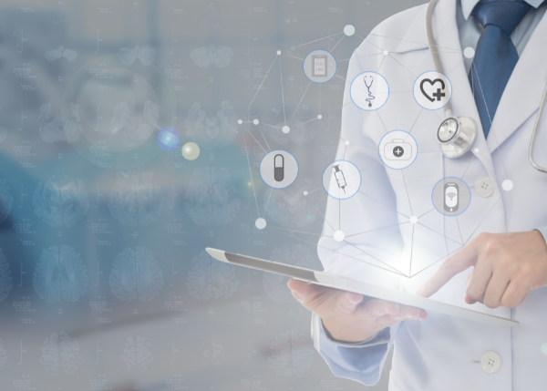 person wearing a lab coat and holding tablet with virtual healthcare icons