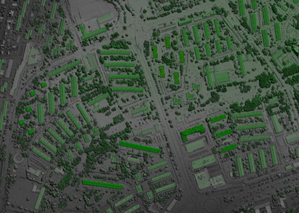 A 3D rendering of a neighborhood seen from above