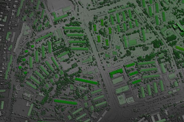 A 3D rendering of a neighborhood seen from above