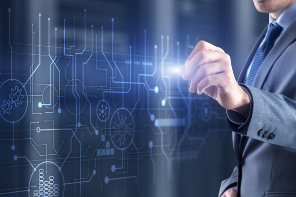 person pointing to virtual process icons