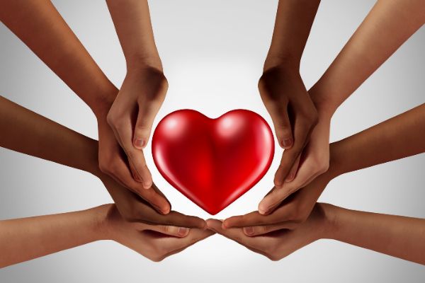 Diverse hands united, surrounding red heart