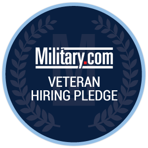 Military.com Veteran Hiring Pledge badge round navy blue white font