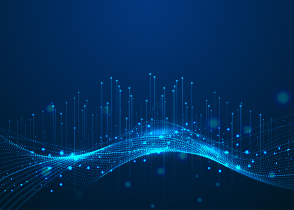 Abstract blue light lines penetrate upward through wave of network