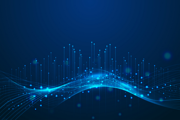 Abstract blue light lines penetrate upward through wave of network