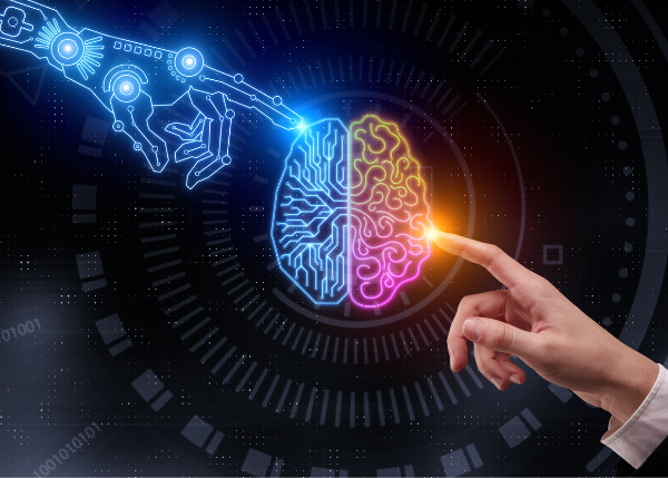 Digital robot hand pointing to digital brain illustration with human hand pointing from opposite side