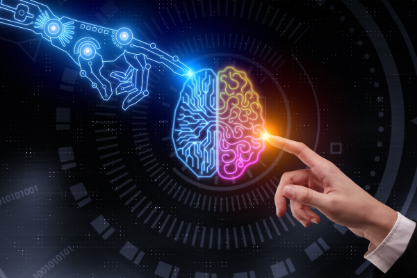Digital robot hand pointing to digital brain illustration with human hand pointing from opposite side