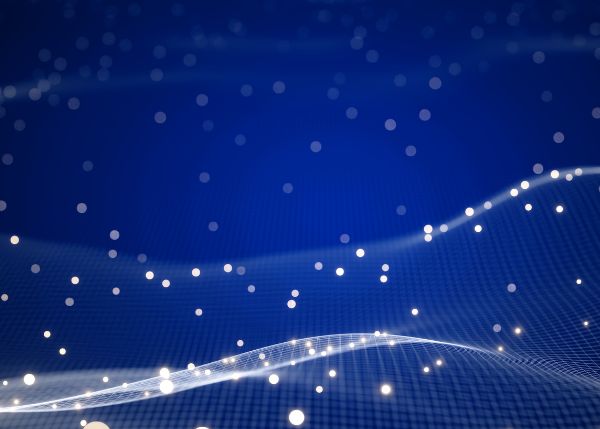 abstract blue background with white waves and dots