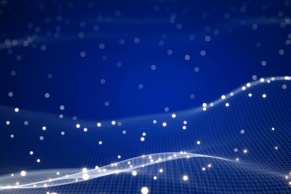 abstract blue background with white waves and dots