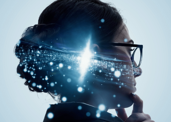 Woman thinking and technology assisting