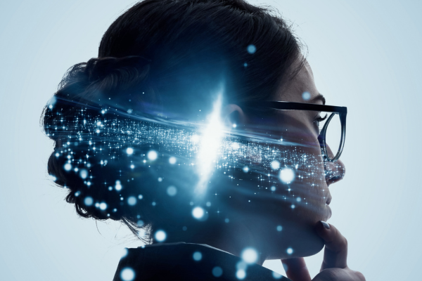 Woman thinking and technology assisting
