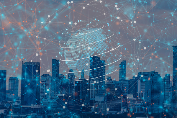 A cityscape with data web overlaid 