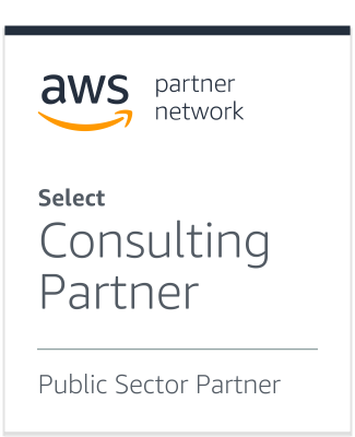 AWS Partner Network Select Consulting Partner Public Sector Partner in black font and gold smiley arrow swish