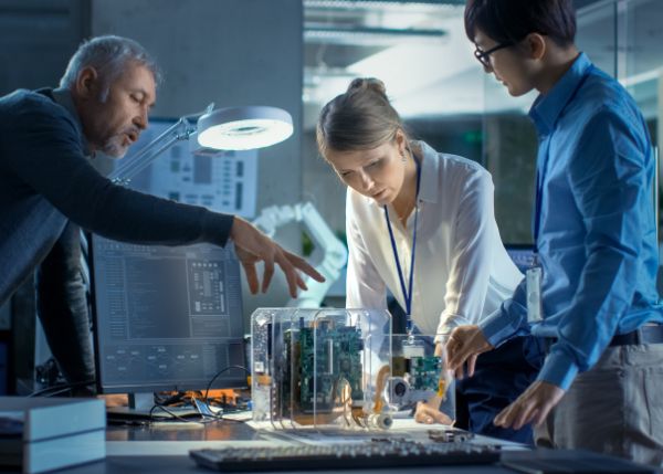three engineers looking over a model with circuit boards