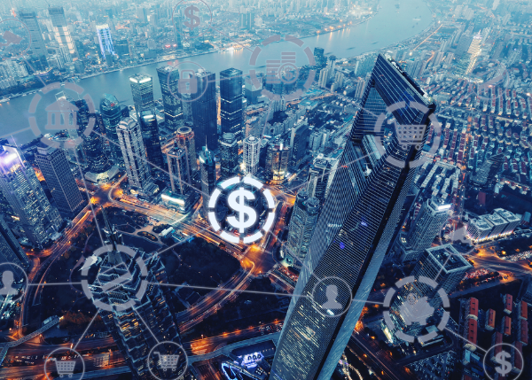 city scape with icons