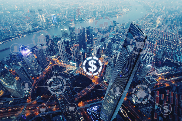 city scape with icons