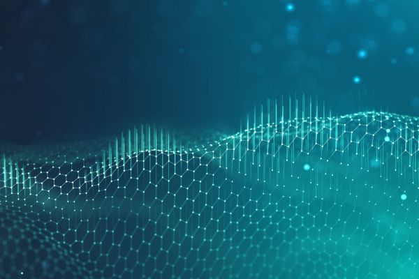 abstract blue and teal background with virtual mesh overlaid