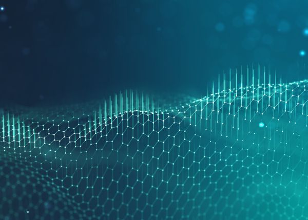 abstract blue and teal background with virtual mesh overlaid