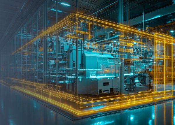 machinery in dimly lit futuristic building surrounded by yellow digitally overlaid lines in the shape of a 3D box