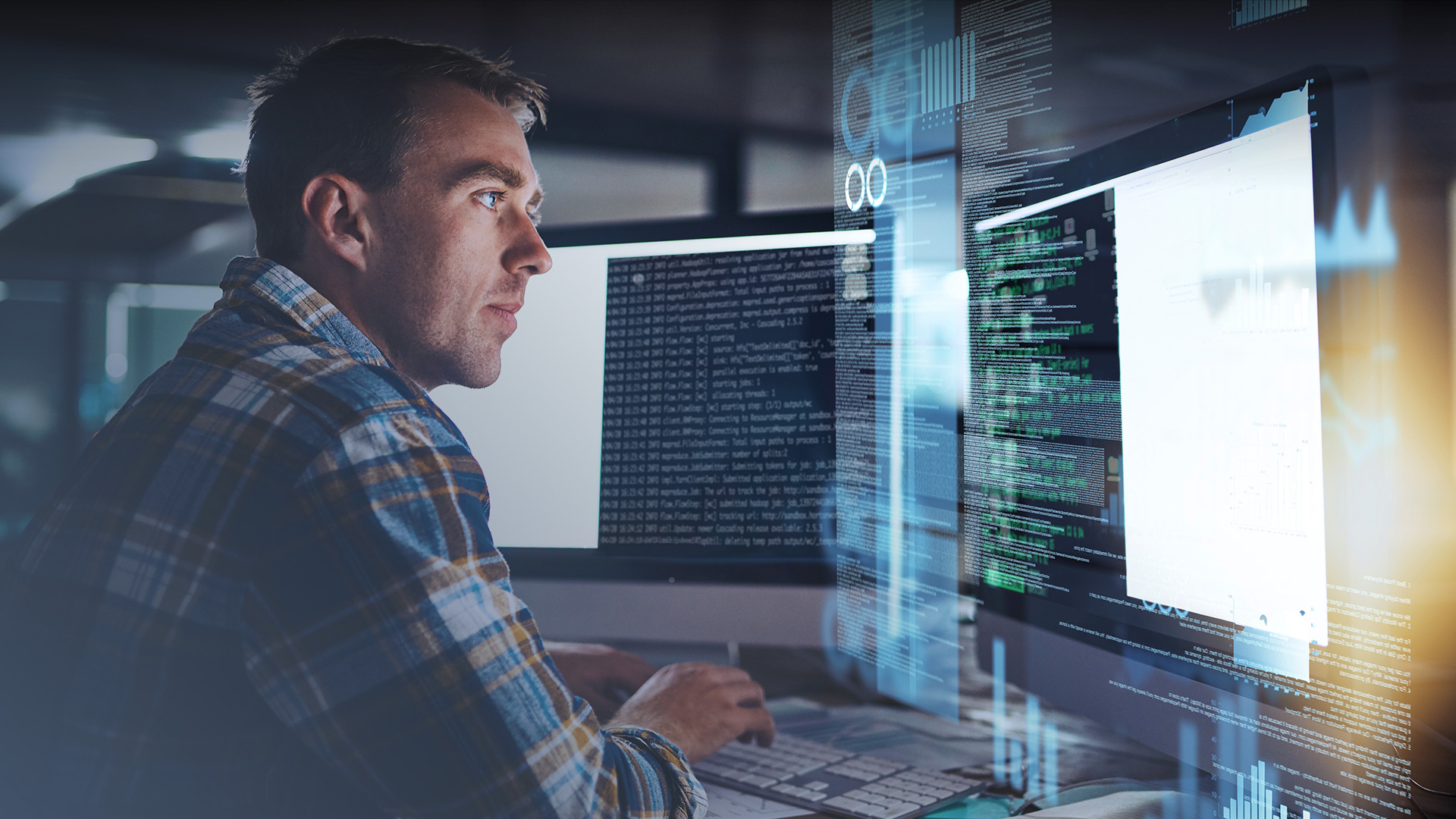 technical professional intently working code or programming