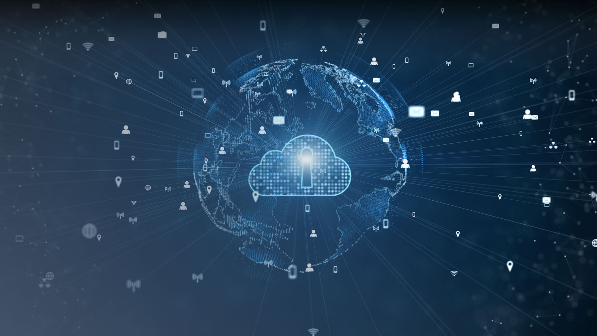 Outer space with transparent globe and cloud in center with key hole