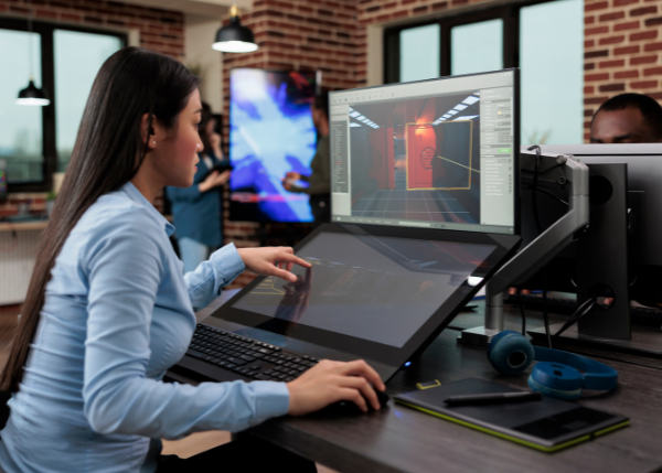 Person playing a video game on a computer