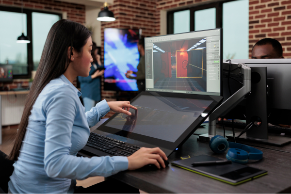 Person playing a video game on a computer