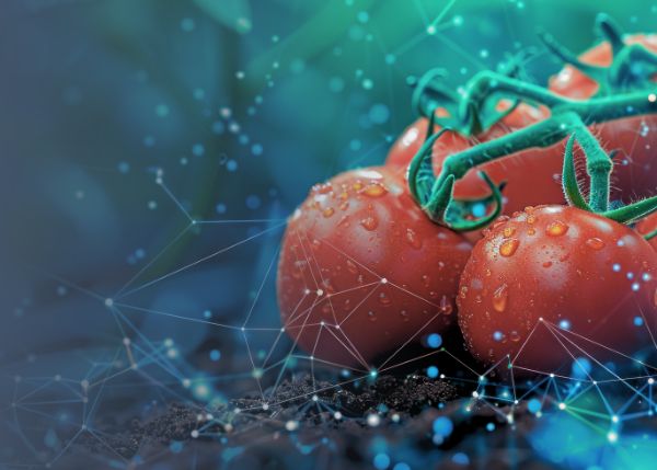 close up shot of vine of tomatoes sitting on ground with digital overlay of interconnected lines and dots