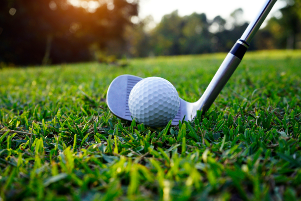 Golf ball and putter on the green