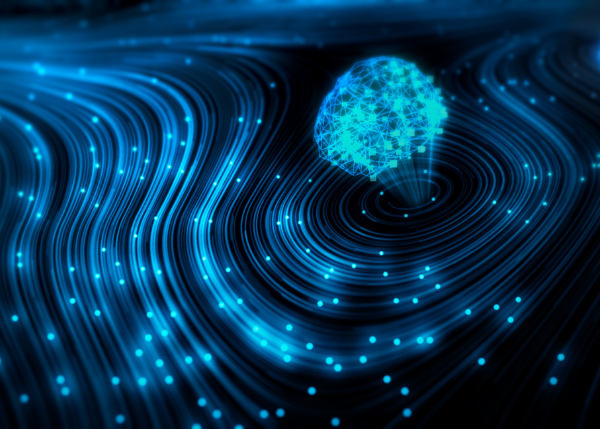 Abstract digital visualization of flowing blue data streams forming wave-like patterns, converging around a glowing network sphere made of interconnected nodes and lines.