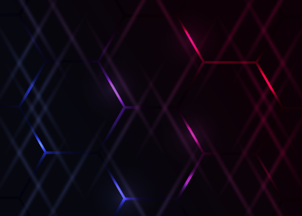 Abstract background with a grid of interconnected hexagonal lines, transitioning from cool blue tones on the left to vibrant red and magenta tones on the right, creating a gradient effect with a futuristic, digital network aesthetic.
