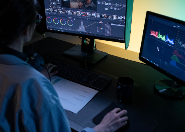 A professional looking at a screen with AI-generated content, expression unreadable