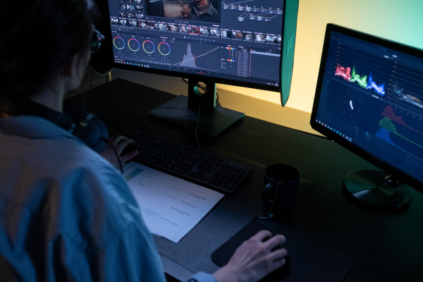 A professional looking at a screen with AI-generated content, expression unreadable