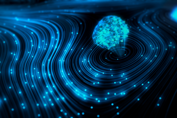 Abstract digital visualization of flowing blue data streams forming wave-like patterns, converging around a glowing network sphere made of interconnected nodes and lines.