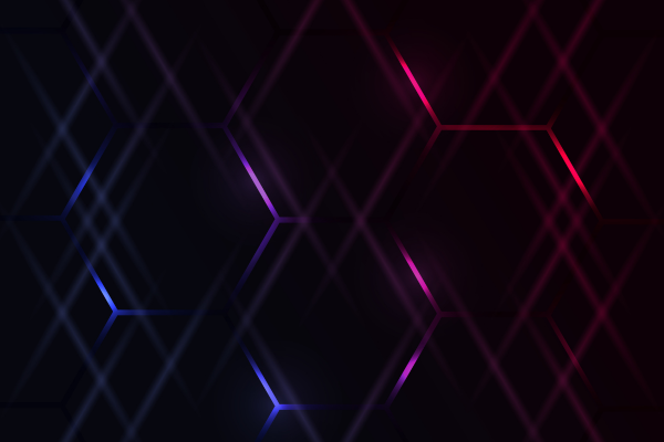 Abstract background with a grid of interconnected hexagonal lines, transitioning from cool blue tones on the left to vibrant red and magenta tones on the right, creating a gradient effect with a futuristic, digital network aesthetic.