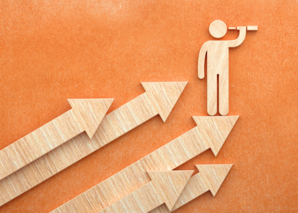 Arrows pointing up with a person looking out 