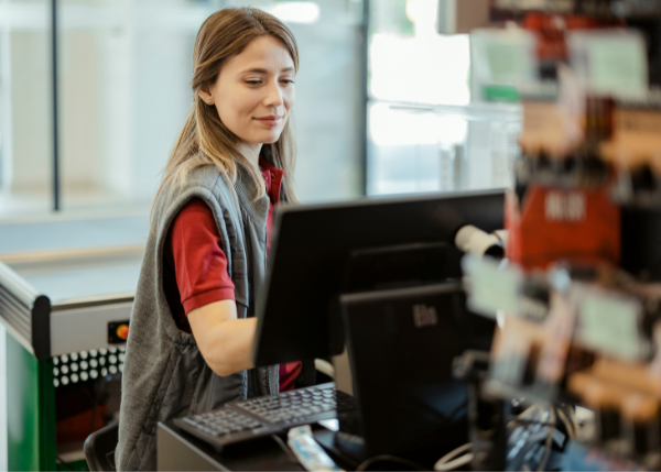 A woman working at a cash register.