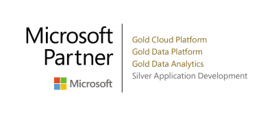Microsoft logo, 4 boxes red, blue, blue yellow with Microsoft Partner black font in bold, Gold cloud data, analytics platform in small gold font, silver application development in small grey font