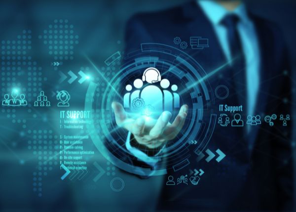 virtual image of person reaching toward tech icons