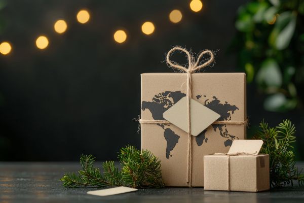 cardboard box stamped with the countries in the world, wrapped up as a present