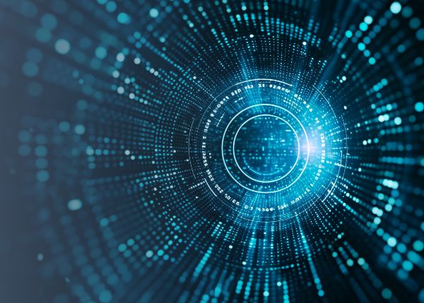 abstract AI tech image with circle graphics expanding from righthand side of shot
