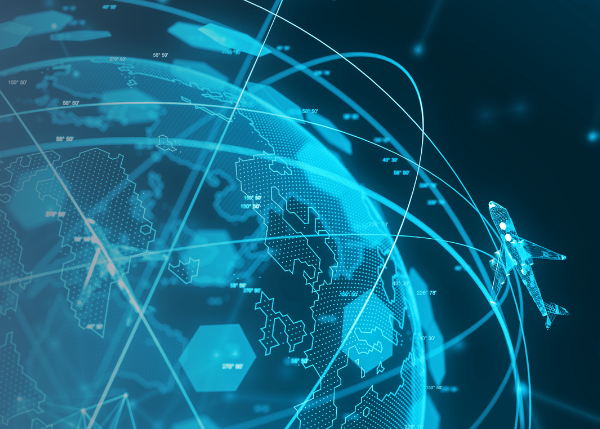 abstract image of digitally created globe with an airplane flying at the perimeter