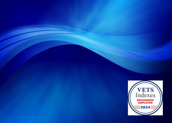 abstract blue background with VETS Indexes Recognized Employer 2024 Logo in bottom right corner