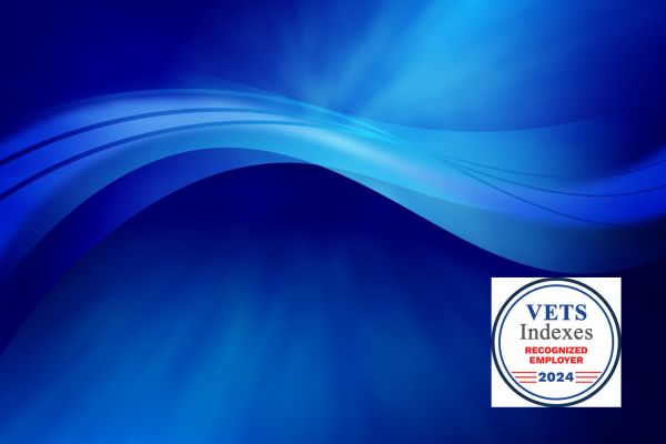 abstract blue background with VETS Indexes Recognized Employer 2024 Logo in bottom right corner