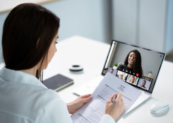 Woman on a virtual job search panel